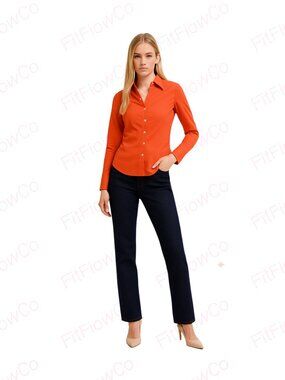 Express Design Studio Women’s Fitted Button-Down Shirt XS Orange Stretch Cotto